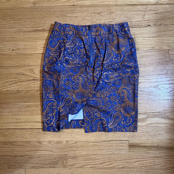 Vtg Pencil Skirt Loft Sz 4P Paisley Floral Blue Brown Preppy Buisness Fall - Picture 12 of 14